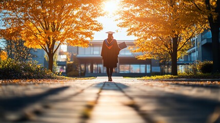 Graduating student walks on campus path in autumn
