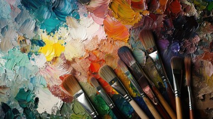 Palette with oil paint smudges in vibrant colors, arranged with art paintbrushes
