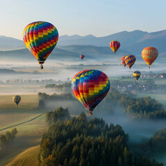 Naklejka premium Colorful hot air balloons floating over green valleys in morning fog