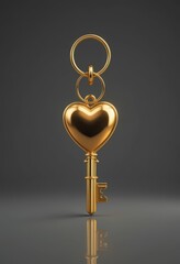 Golden heart-shaped key with keyring on reflective surface.