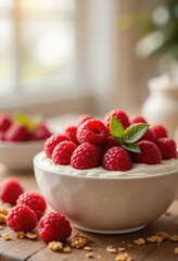 Fresh raspberries on yogurt in a white bowl.
