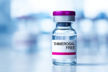 A clear glass vial labeled "Thimerosal Free" with a purple cap on a light blue blurred background.