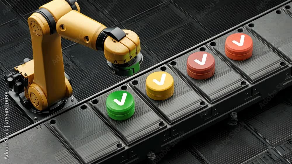 Poster a robotic arm interacts with colored buttons on a conveyor belt, demonstrating automation in modern 