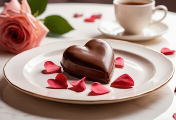 Heart-shaped chocolate dessert on a white plate with rose petals.