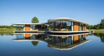 Modern Floating House with Curved Architecture and Waterfront Reflection