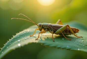 Grasshopper on dewy leaf in morning sunlight.