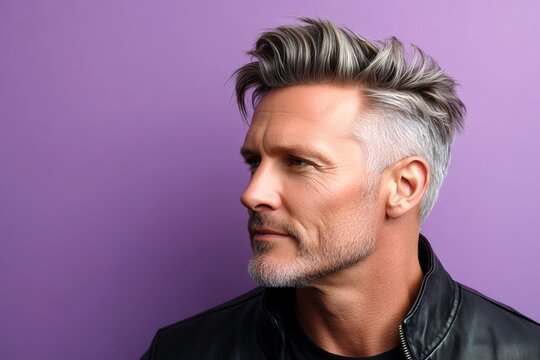 Idea of style for aging men. Classy men's quiff haircut - midlife white man with hair. An expressive midlife man with a fashionable style. Purple solid background.