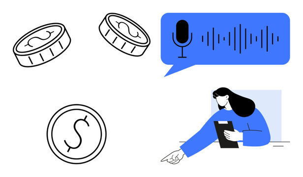 Woman holding tablet, pointing while coins and audio waveform with microphone indicate finance, technology, communication, audio analysis. Ideal for finance, tech, marketing, UX media teamwork