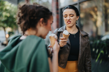 A woman in a leather jacket shows a grimace while holding an ice cream cone. Another person nearby is also holding an ice cream, which initiates a humorous contrast in reactions to the treat.
