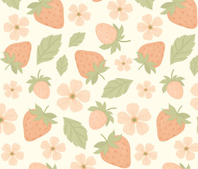Delicate seamless vector pattern with vintage style hand-drawn strawberries, blossoms, and leaves in soft pastel tones. Perfect for rustic decor, fabric, and home textile packaging.