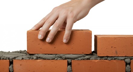 Hand placing brick on mortar construction