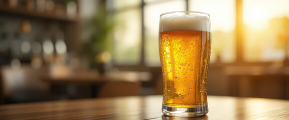 Glass of cold beer on wooden table in cozy pub.