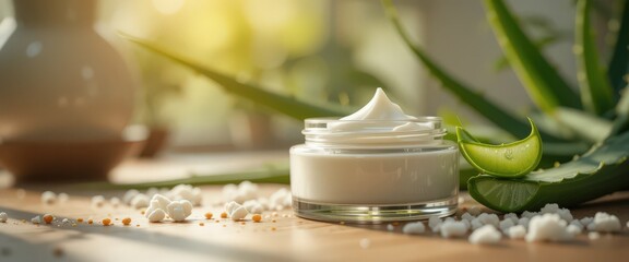 Natural skincare cream with aloe vera on wooden surface.