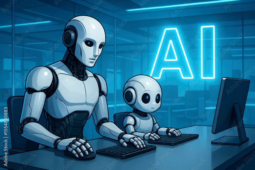 Poster humanoid robots working on computers in a modern office artificial intelligence technology