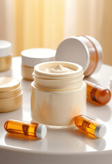 Luxurious skincare cream jar with serum capsules on a white surface.