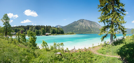 pictorial turquoise lake Walchensee, surfer paradise upper bavaria. mountain view Fahrenbergkopf