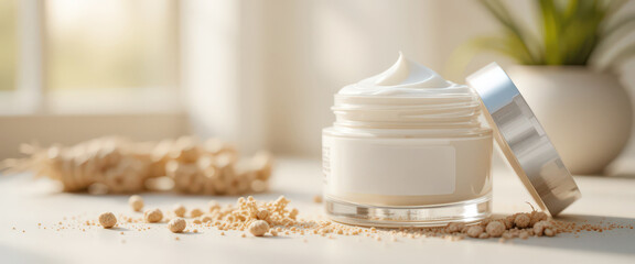 Natural skincare cream in glass jar with botanical ingredients.