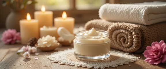 Spa essentials with cream, towels, and candles.