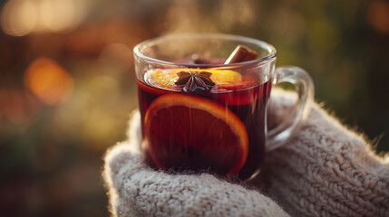 hot mulled wine in glass cup with orange slices and spices – cozy winter beverage concept perfect for seasonal food blogs, holiday ads, or recipe illustrations