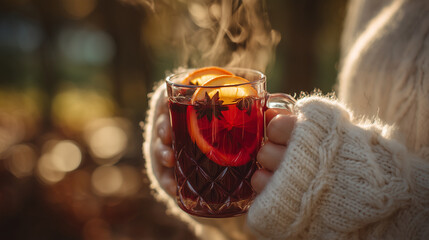 hot mulled wine in glass cup with orange slices and spices – cozy winter beverage concept perfect for seasonal food blogs, holiday ads, or recipe illustrations