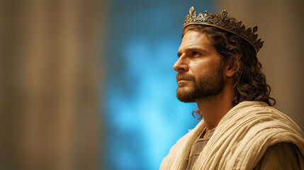 Portrait of King David in castle, side profile, wearing crown and robe, with long hair and beard.