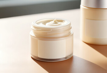 Open jar of skincare cream on beige surface in soft sunlight.