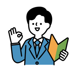 初心者マークを持ってポジティブなポーズをとる笑顔のビジネスパーソンの男性のベクターイラスト
