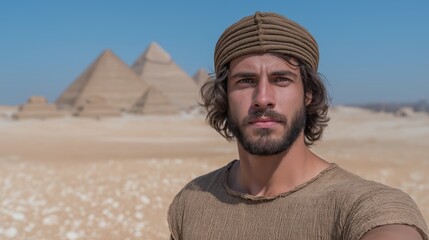 Selfie of biblical Joseph in ancient Egypt wearing traditional Egyptian attire, with pyramids and Giza plateau in the colorful background