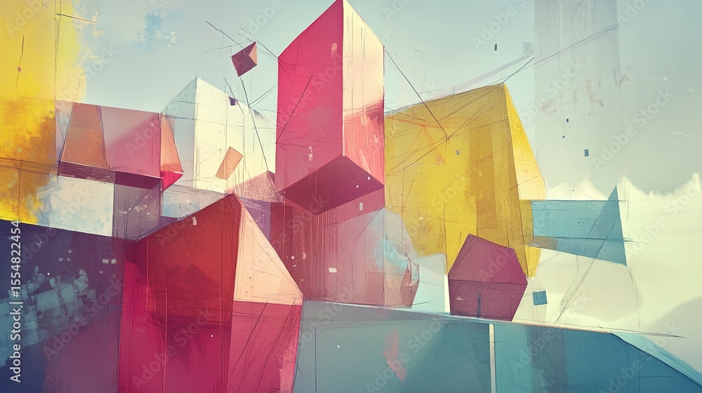Aufkleber colorful translucent geometric shapes floating in a sky with clouds, creating an abstract and modern