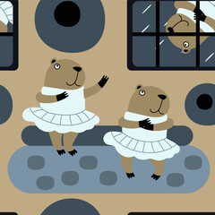 funny capybaras dancing in the house against the background of the window. vector seamless pattern