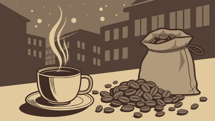 Vintage Coffee Illustration: Steaming Cup Beans Bag Cityscape Night Retro Style Roasted Coffee Beans Cafe Design