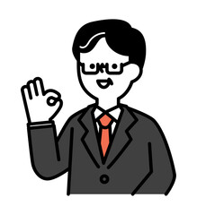 笑顔でポジティブなポーズをとるスーツのビジネスパーソンのシニア世代男性のベクターイラスト