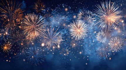 Fireworks explode in a dark blue sky creating a festive and celebratory atmosphere.