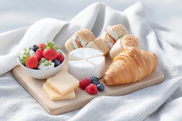 Delicious breakfast spread with fresh berries, cheese, sandwiches, and croissant on wooden board