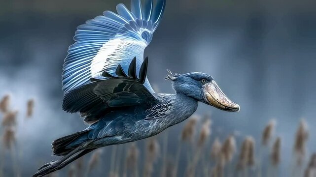 Shoebill Stork in Flight, Majestic Bird in Blue Hues