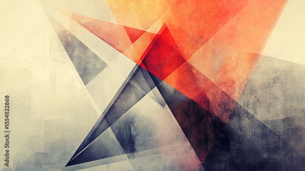 Poster abstract geometric art featuring intersecting triangles in red, black, and gray tones with a texture