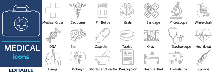 Medical Vector Line Icons. Containing Caduceus, Brain, Bandage, Microscope, Wheelchair, DNA, Capsule, Tablet, X-ray, Stethoscope and more. Solid Vector Line Icons collection.