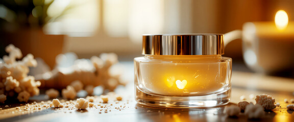 Luxurious cosmetic cream jar with glowing heart reflection.