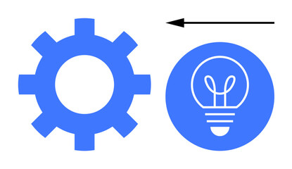 Gear representing process and mechanics, light bulb for creativity and ideas, arrow for progress or transition. Ideal for innovation, workflow, progress, technology, creativity, process and simple