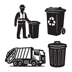 Recycling trash bin and garbage truck collection. Trash utility, disposal and recycling concept set Vector illustration