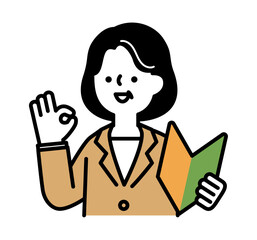 初心者マークを持ってポジティブなポーズをとる笑顔のミドル・シニア世代女性のベクターイラスト