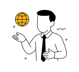 Global communication business illustration. Man holding floating globe. Worldwide connection and international network concept.