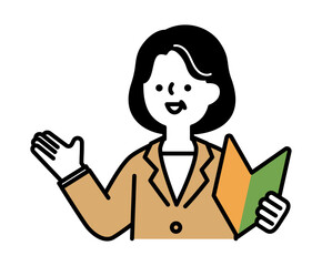 初心者マークを持って笑顔で話すスーツのミドル・シニア世代女性のベクターイラスト