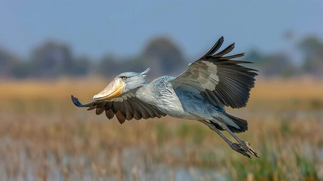 Shoebill Stork in Flight over African Wetland