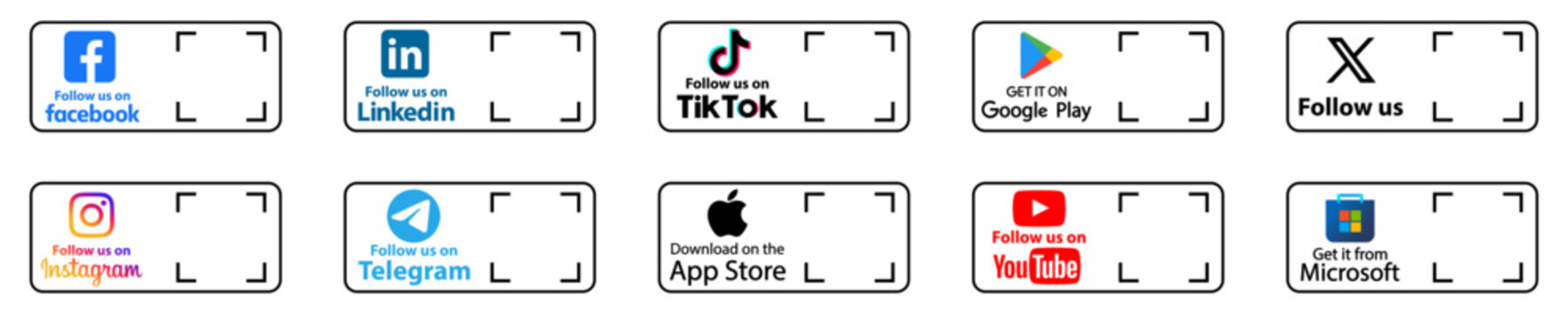 Social Media Icons,Facebook,Instagram,Twitter ,YouTube,Telegram ,LinkedIn with qr code ,follow us on social media.QR Code Scanner.Vector Editorial
