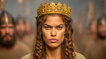 Elegant portrait of a biblical queen, radiating beauty, dignity, and strength, adorned in ancient royal attire.