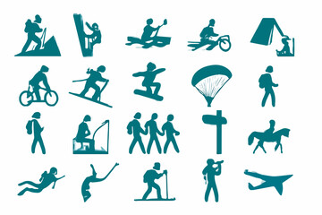 Collection of Teal Outdoor Activity Icons A diverse set of recreational pursuits represented in simple stylized teal icons against a white background showcasing various sports
