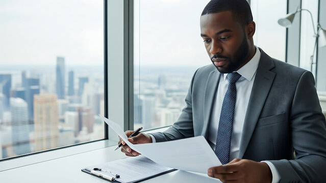 Black male executive reviewing documents with city skyline in modern office