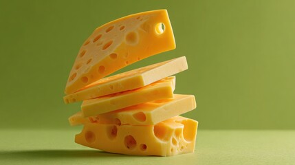 Stack of yellow cheese slices with holes against a green background.