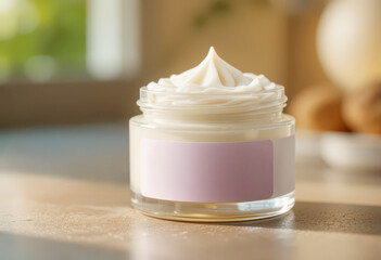 Skincare cream in glass jar on wooden surface.